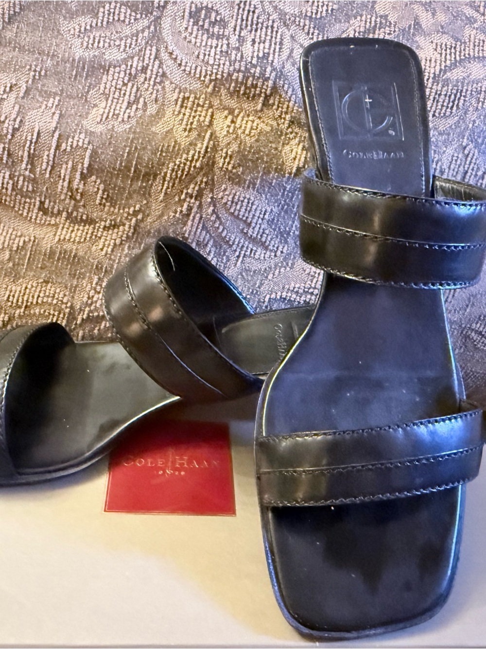Cole Haan women’s Black Leather Double-Strap Slide Sandals